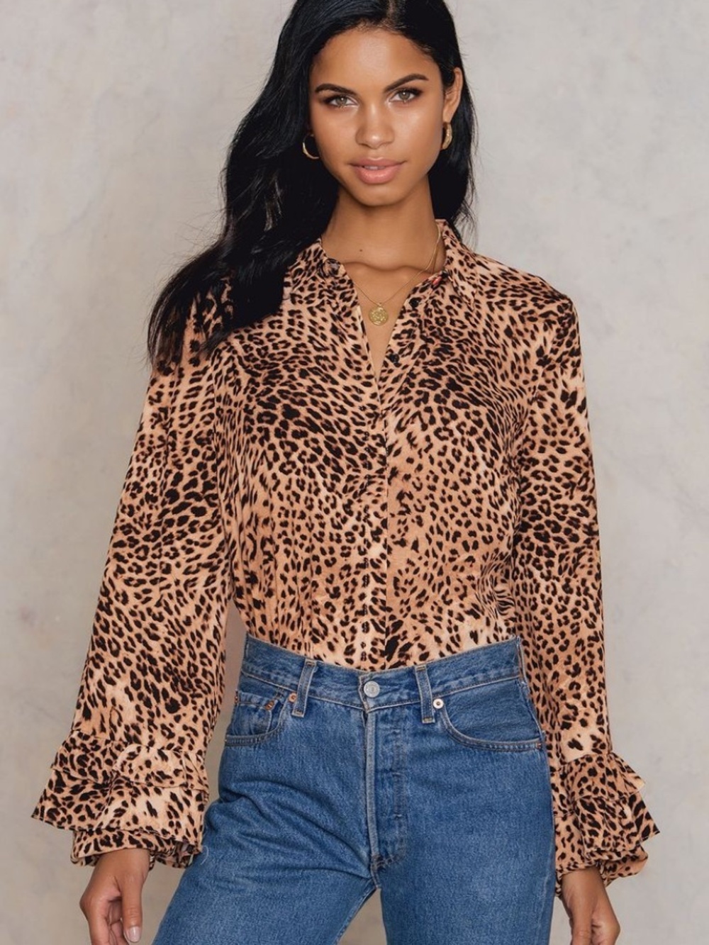 Gestuz Christine Leopard Print Bell Sleeves Mobwife Preppy Blouse Size 42= US M